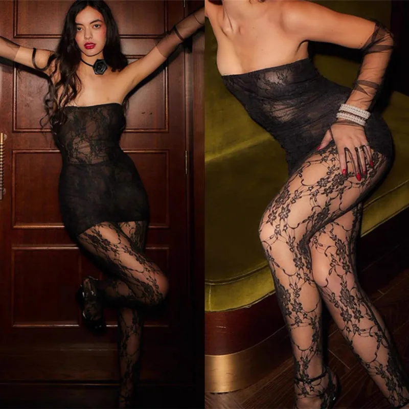 

New Lace Ladies Sexy Royal Sister Style Wrap Chest Mini Dress Close-Fitting Outer Stockings Suit Socks See Through Off Jumpsuits