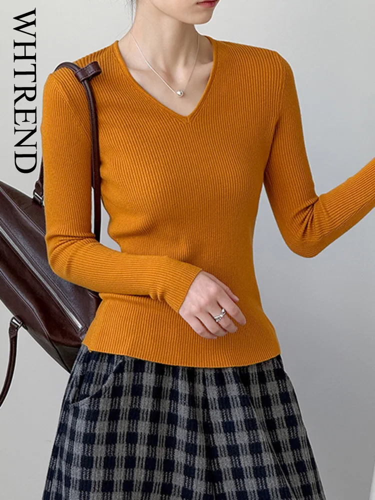 

WHTREND вязаная базовая рубашка с v-образным вырезом, свитер для женщин, осень-зима, облегающий однотонный универсальный топ WH1840