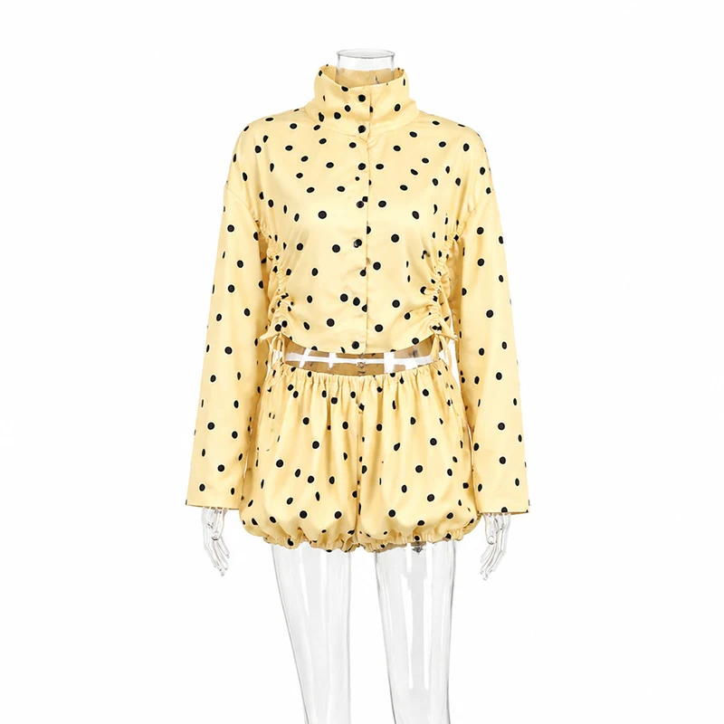 TARUXY Pleated Polka-Dot Jacket Shorts Set Female Stand Collar Lace Up Coat Mini Shorts Commuting Women's Suit Spring Summer New