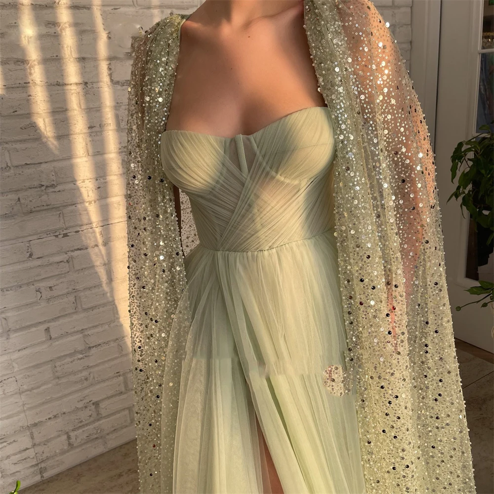 Jess salvia verde linha A vestido de baile de brilho de esponja de esponja doce de alta fendJEHETH-Verde A-Line Prom Dresses com Glitter Sequin Lace