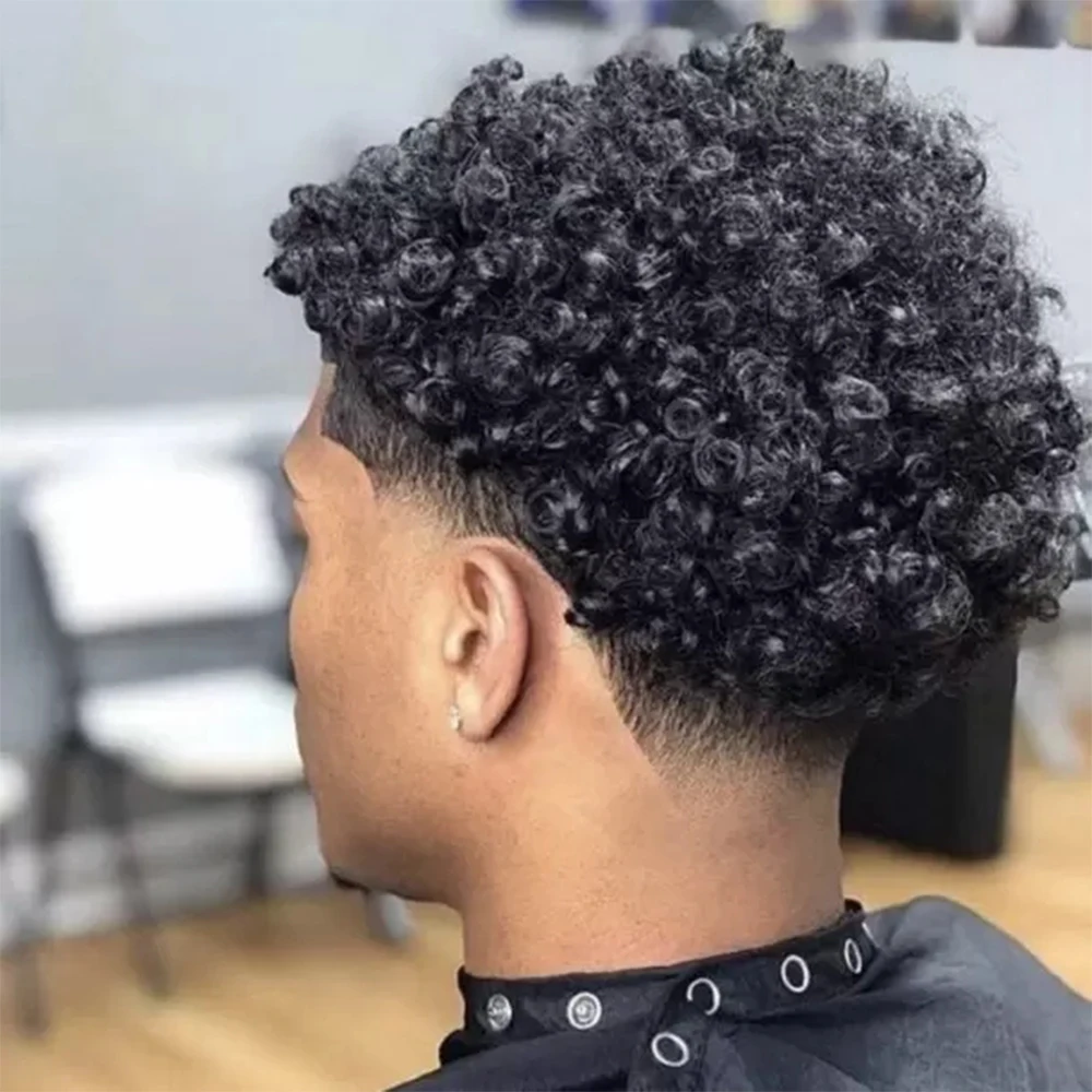 Tupé de piel fina para hombres, peluca rizada afroamericana duradera de 15MM, piezas de sistema de reemplazo de cabello humano para prótesis