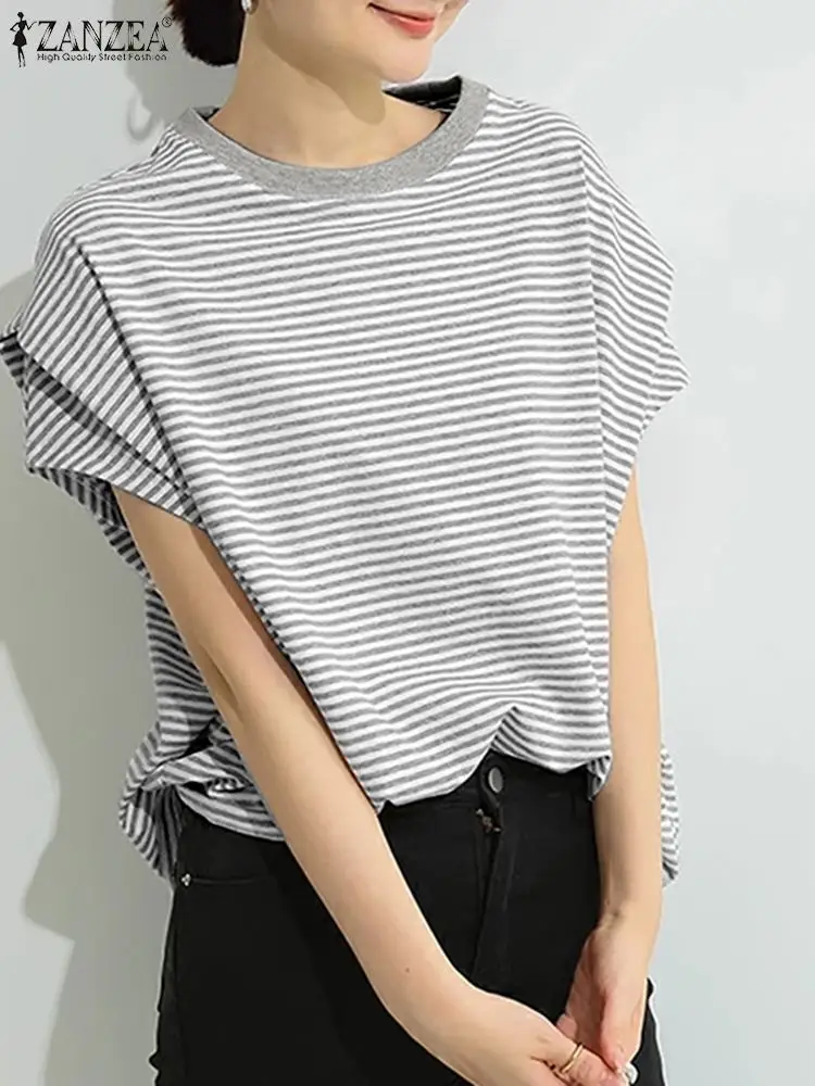 ZANZEA 2024 Korean Harajuku Tops  Fashion Women Stripes Blouse Summer Double Layer Short Sleeve Blusas Casual Round Neck Shirts