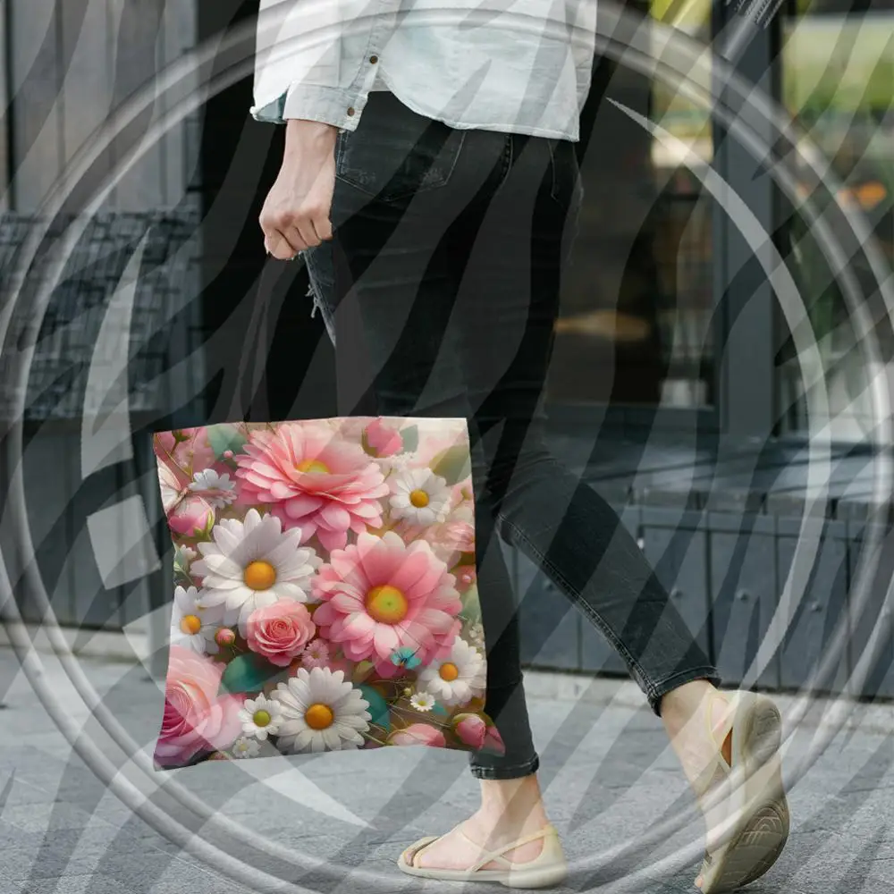 

4pcs Flowers Linen Tote Bag Handbag Large Capacity Women Shopping Shoulder Bags
