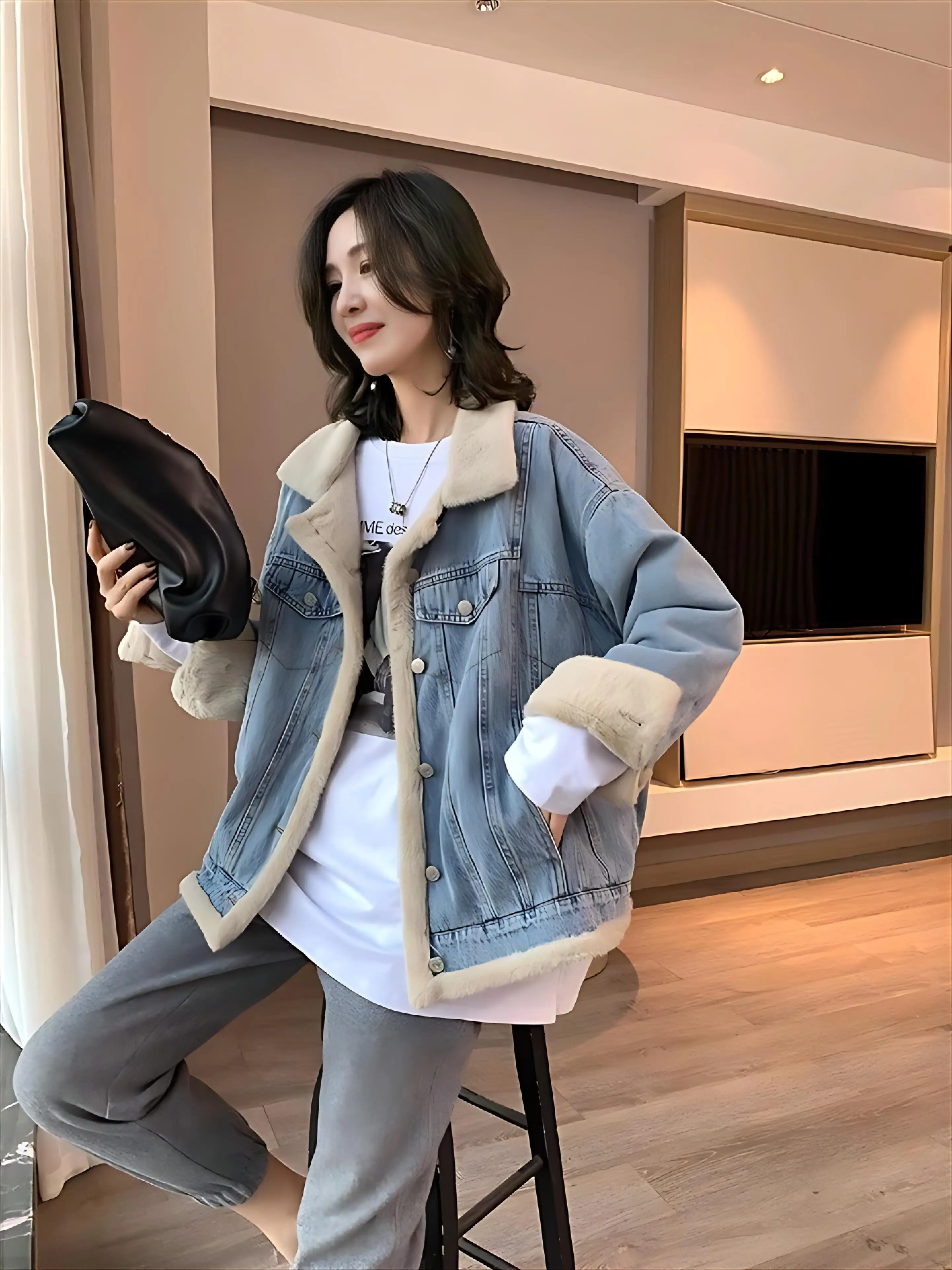

Denim Coat With Real Sheep Lamp Winter Fur Plush Womens Fall Loose Fit Minimalist Streetwear Trend Moisture-Wicking Quilted Chic