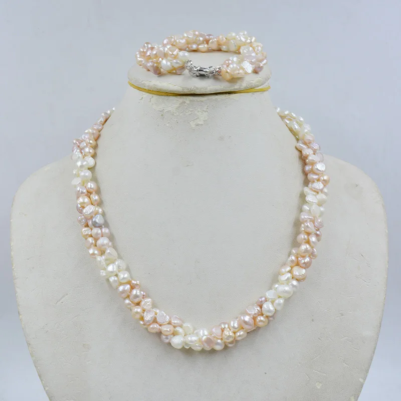 

pretty 3 strand 6MM AAA natural blend color Baroque pearl necklace 45CM bracelet 19CM women's wedding anniversary jewelry set