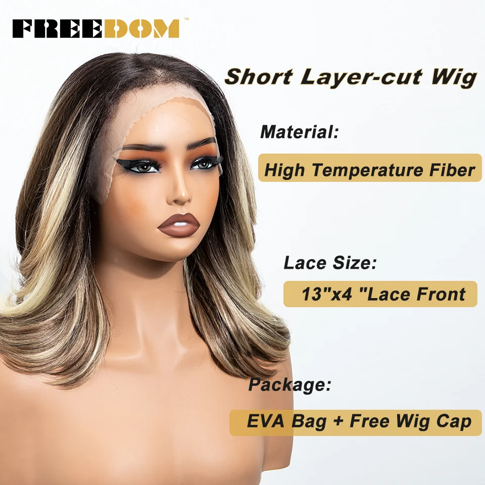 FREEDOM 14 Zoll Synthetische Bob-Perücke mit Pony, 13x4 Lace-Front-Perücke für Schwarze Frauen, Ombre Braun mit Highlights, Perücke für den täglichen Gebrauch – Detail 5
