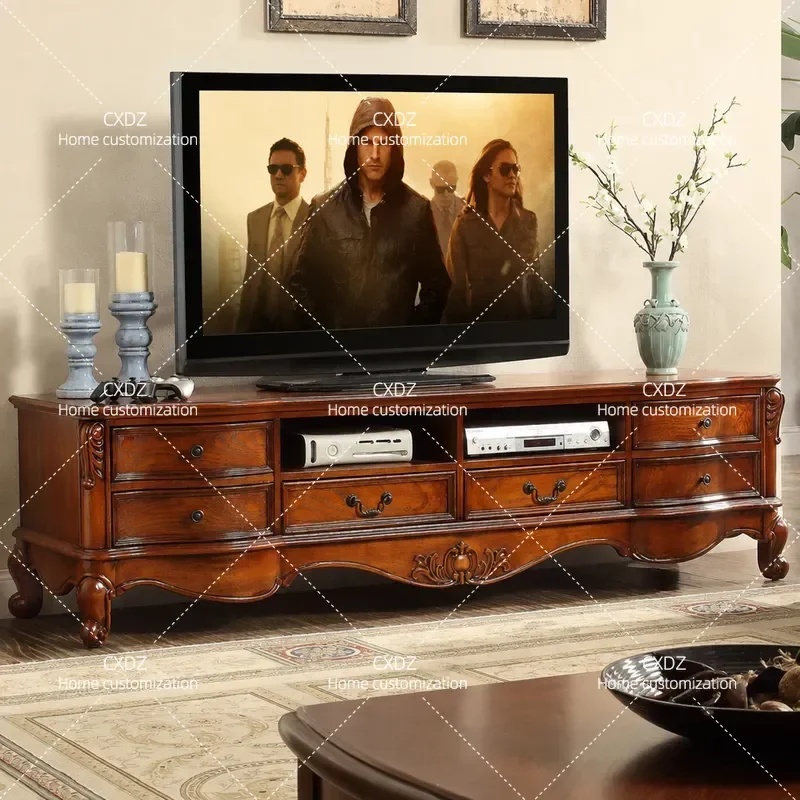 American Solid Wood TV Cabinet 2.2m Large Living Room Storage Floor Console Media Unit for Big Apartment Home Entertainment
