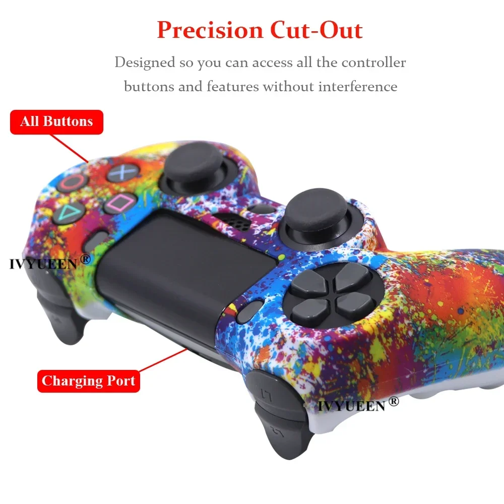 Ivyueen para sony dualshock 4 ps4 ds4 slim pro controlador silicone camo capa protetora + tampas de aperto de polegar para playstation 4