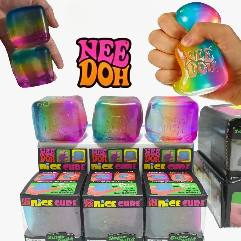 High Quality NeeDoh Rainbow Color Cube Squishy Sensory Fidget Toy Fingertip Release Stress Relief Surprise Blind Box Decor Gift