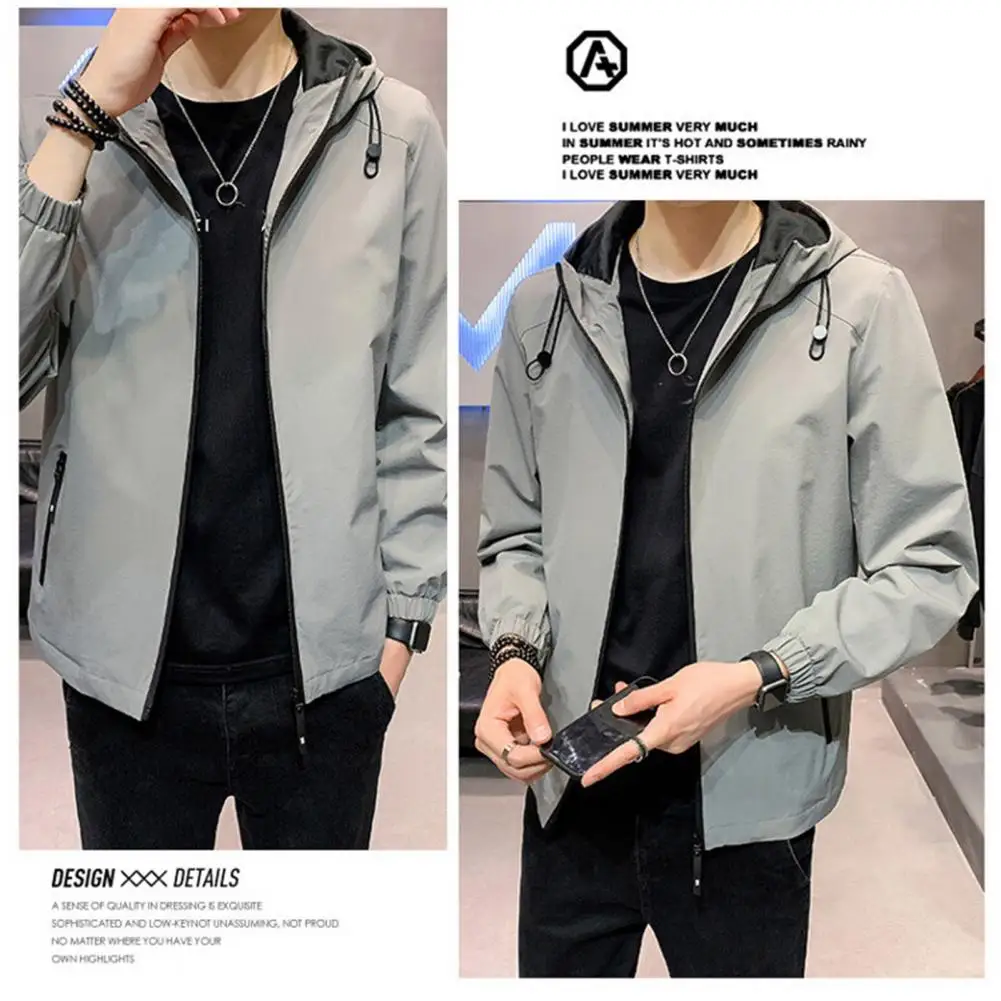 Men Winter Coat Versatile Men's Mid Length Jacket with Hood Zipper Pockets Elastic Cuff Stylish Spring/fall Coat for A