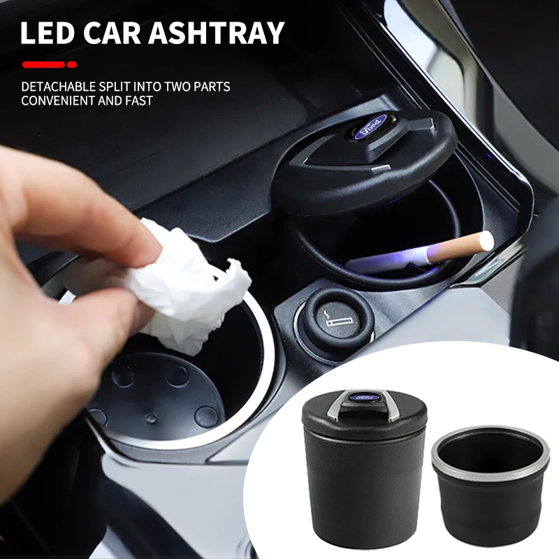 Portable Car Cigarette Ashtray Cup With LED Light Detachable For Ford Fiesta C-Max Kuga Ranger Raptor KA Fusion ST Transit Edge