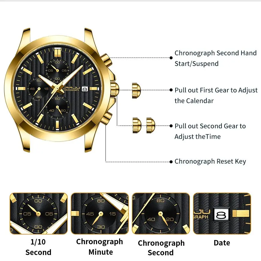 CRRJU Men Watch New Fashion Quartz Chronograph Steel Strap Luminous Set Calendar Sports Wristwatch for Men