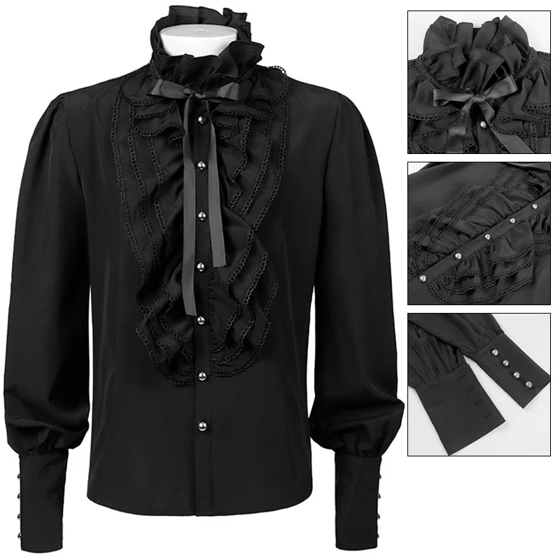 2025 New Black and White Pleated Shirts for Men and Women,Steampunk Victorian Medieval Costume Camisa,Stage Performance Costumes