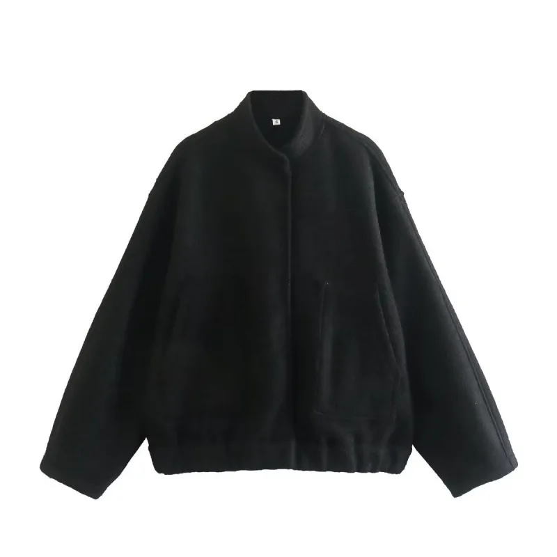 Spring 2025 New European and American Stand-up Collar Loose Woolen Casual Jacket