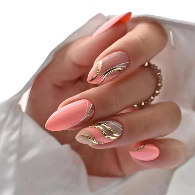 24 Pcs New Press on Nails Almond Medium Fake Nail Lovely Pink with Golden Lines False Nails for Women and Girls Stick