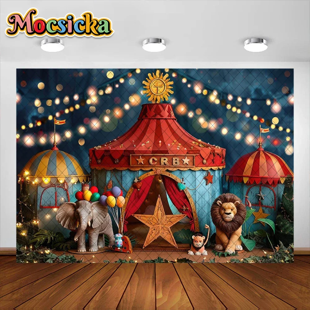 Mocsicka Photography Background Circus Colorful Balloons Lion Elephant Decoration Kids Birthday Party Background Studio Props