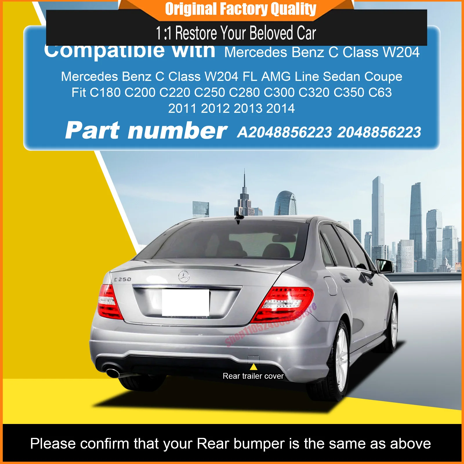 For Mercedes Benz C Class W204 FL AMG Line Sedan 2011 - 2014 Rear Bumper Tow Hook Cover Cap Genuine Part A2048856223