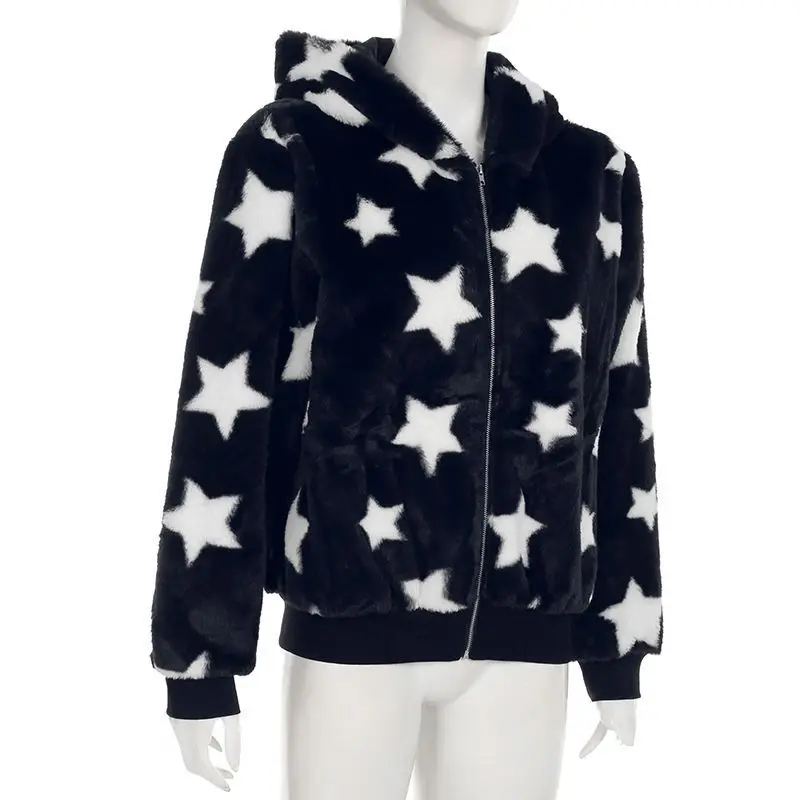 2025 Winter Retro Star Pattern Contrasting Color Plush Hooded Warm Zip-Up Jacket