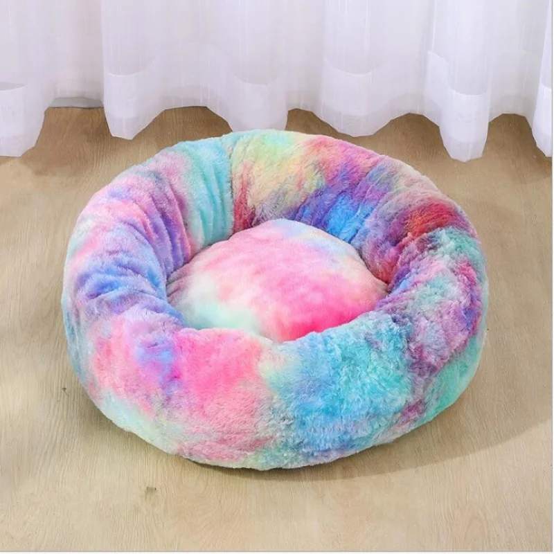 Best Cat Bed Winter Soft Comfortable Round Bed Colorful Rainbow Design Dog Bed House For Puppy cat bed deep sleeping for pets