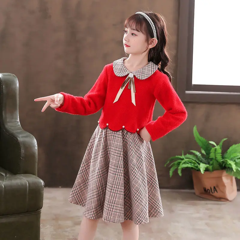 

Girls' Autumn Winter Fleece Dress New Style Big Kids Solid Color Patchwork Princess Dress Little Girls Dress