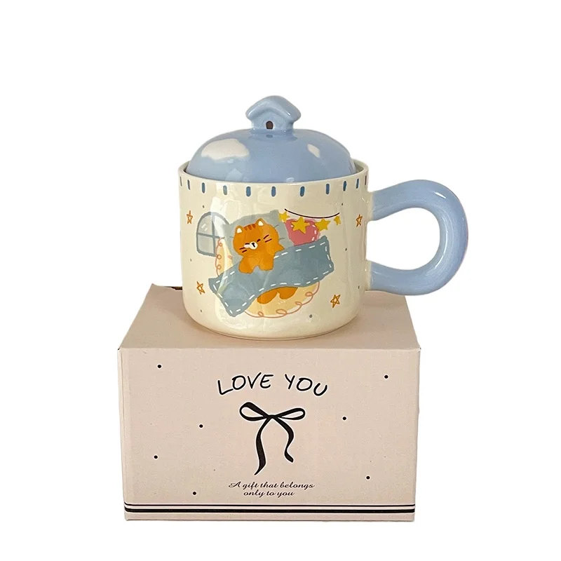 

Cute cartoon water cup ceramic mug with lid cloud cup a pair of girls' birthday gifts