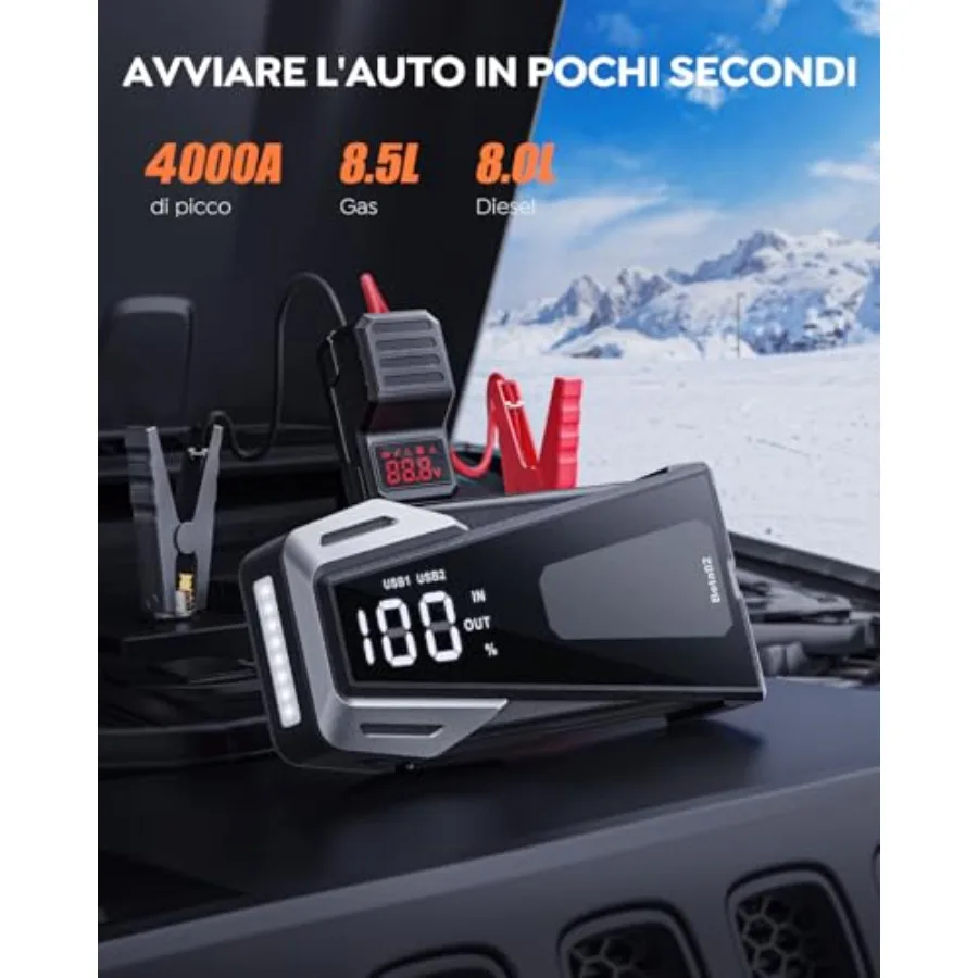 Portable Car Battery Jump Starter with 6000A Peak Current for 8.5L Gas and 8.0L Diesel Engines Extended Smart Jumper Cables Qui