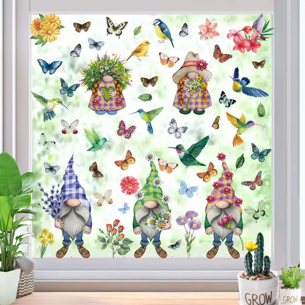 Bird-themed Window Stickers Spring Window Stickers Spring Gnome Flower Pattern Window Clings Durable Reusable Static for Home