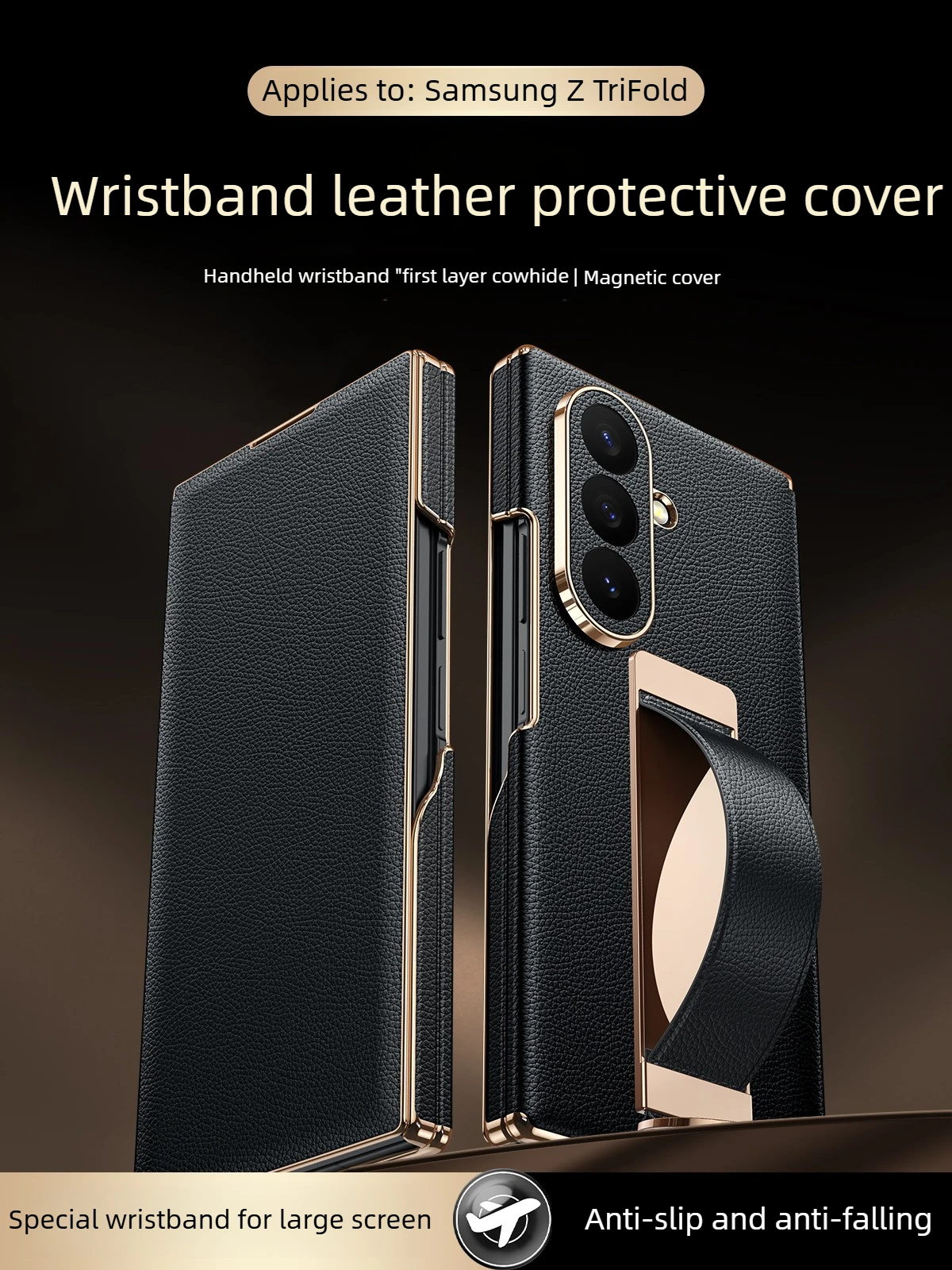 

Genuine leather phone case for samsung galaxy z trifold ring wrist strap stand case center axis hinge full coverage flip cover