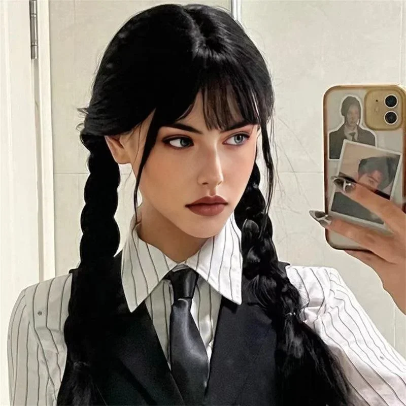 Simulation Bangs Wig Black Double Braids Oily Hair Style Twist Braid Wig High Temperature Silk Synthetic Fiber Head Role Play