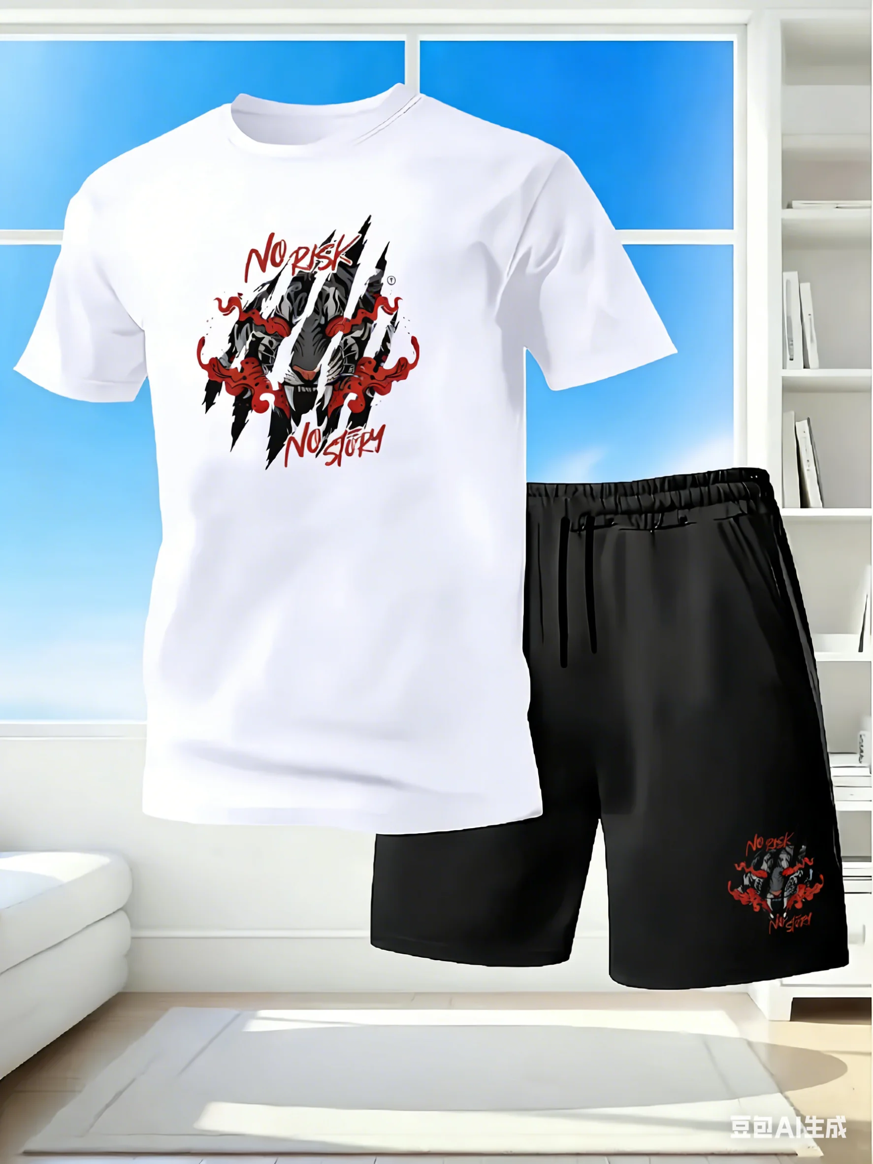 Men's 2Piece Quick Dry Tracksuit Set 'No Risk No Story' Tiger Graphic T-Shirt Shorts Moisture Wicking Athletic Outfit Streetwear