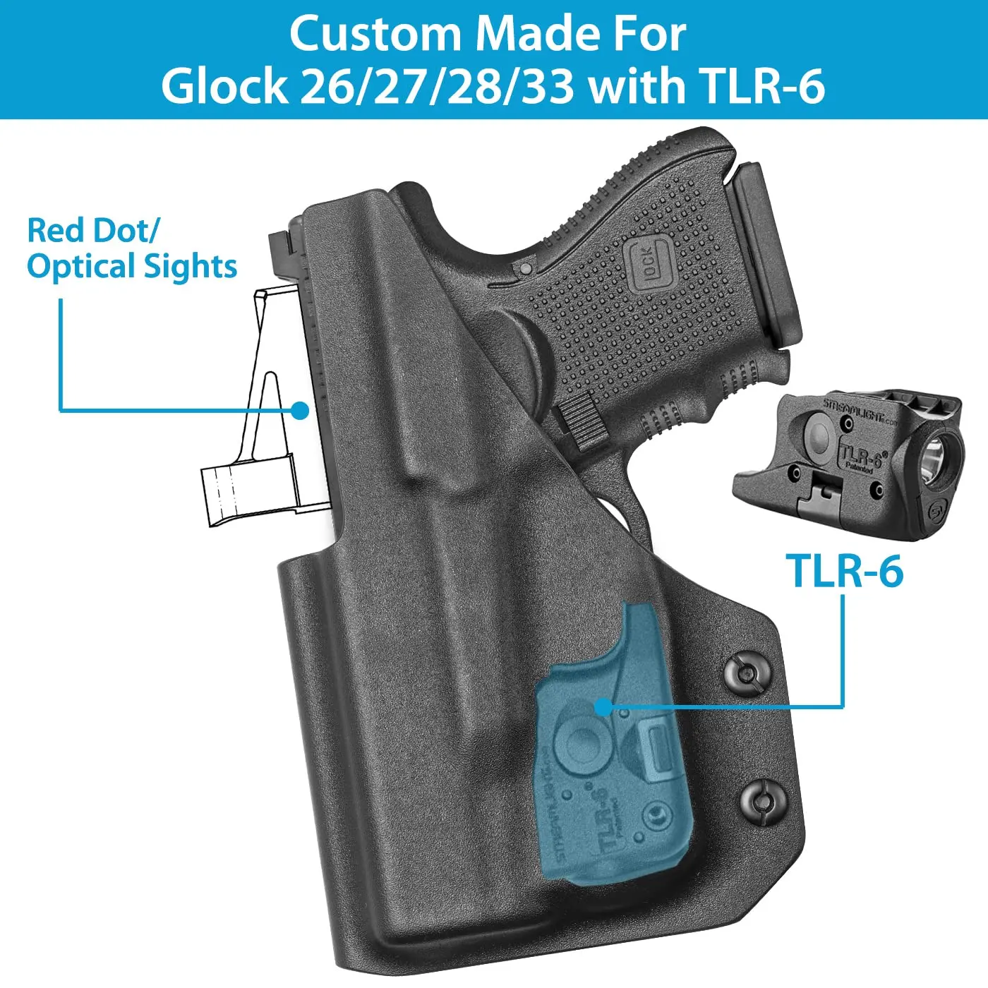 Holster Compatible avec Glock 43 43X avec ceinture intérieure coupée à TLR-6 optique, transport dissimulé, compatible avec les viseurs