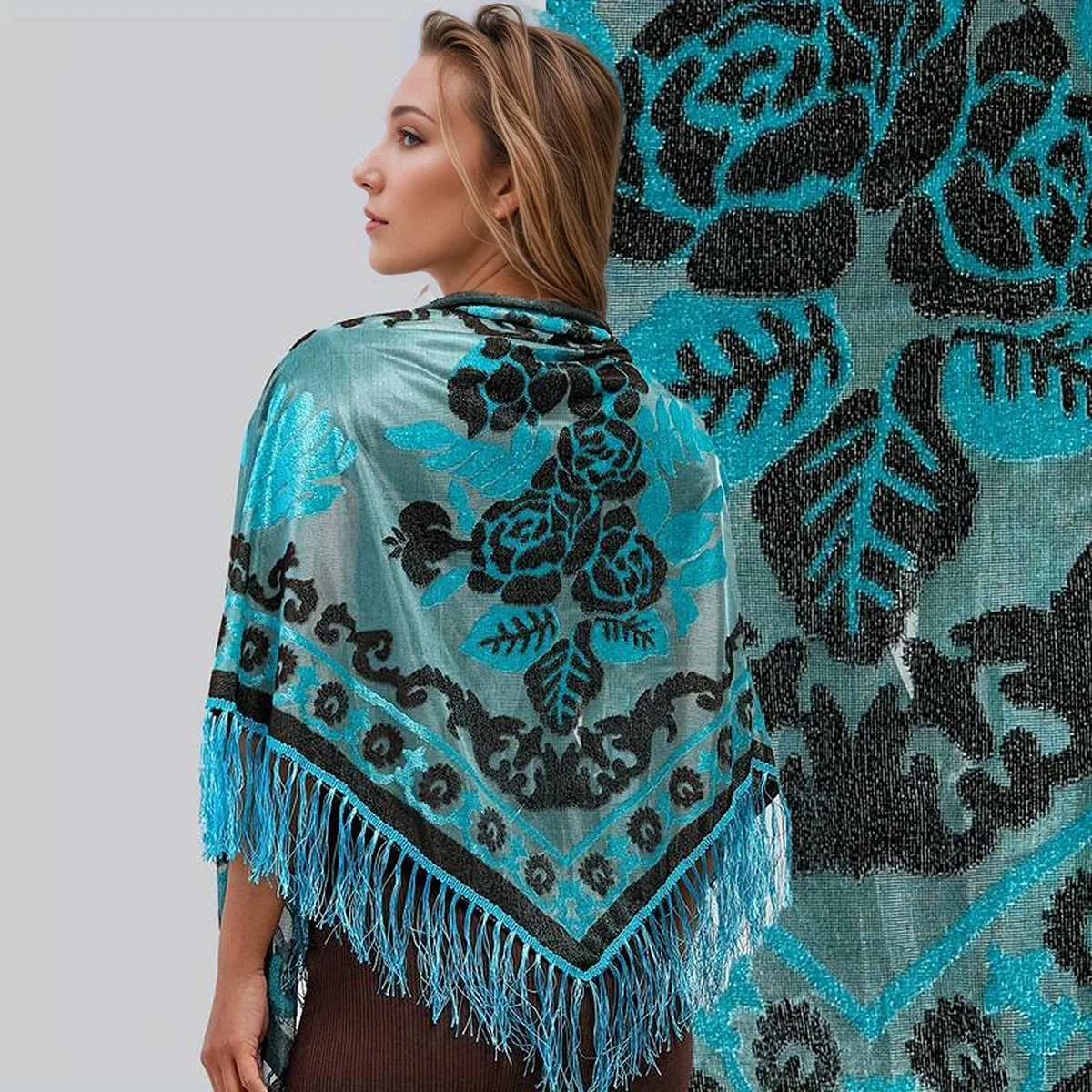 

New Retro Ethnic Style Triangular Shawl With Ethnic Style Velvet Flower Tassel Scarf Paired With Cheongsam Shawl