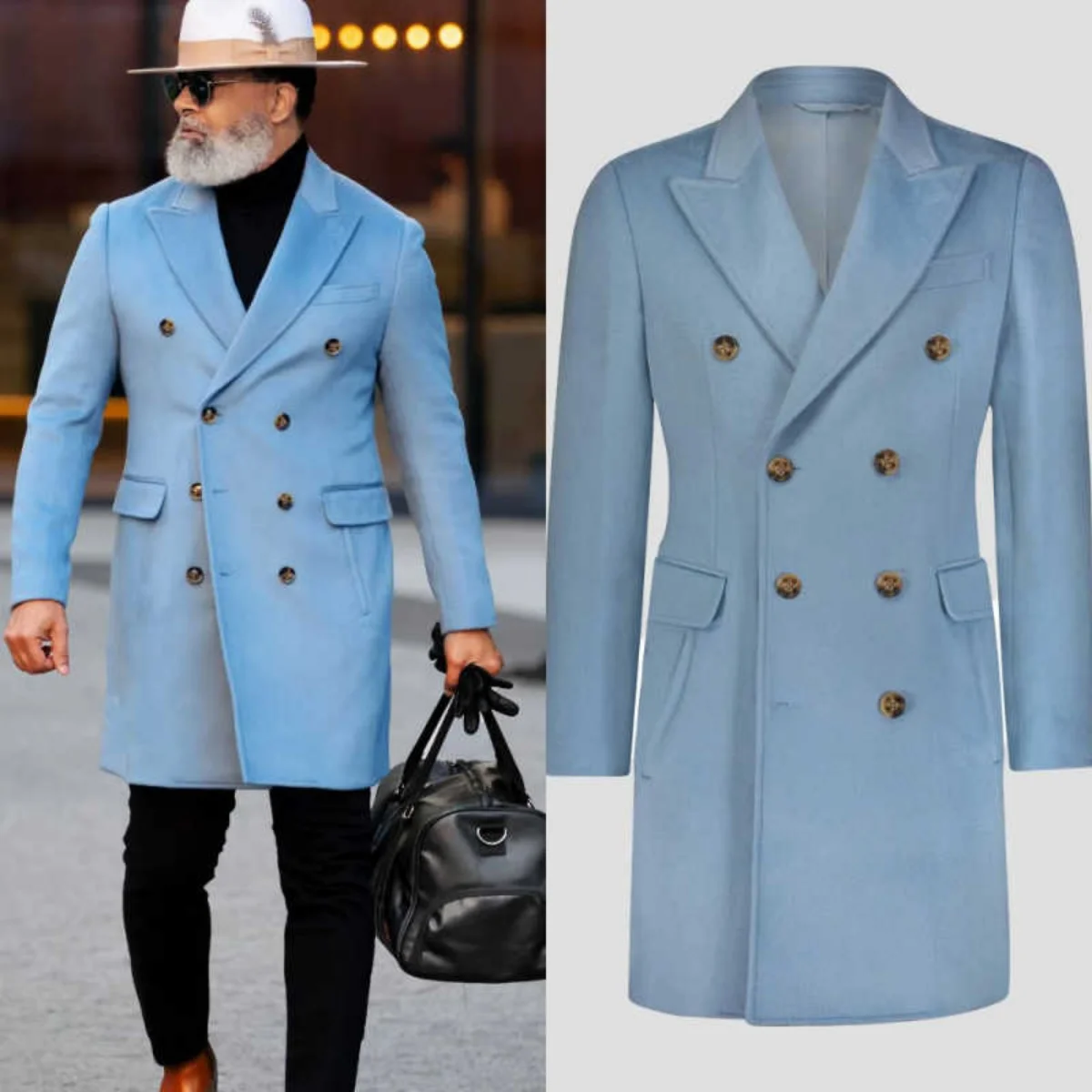 

Modern Men Woolen Overcoat 1 Piece Double-Breasted Peaked Lapel Coat Mid-Length Winter Warm Casual Business Customized