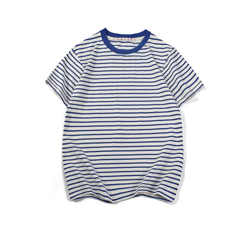 

Akkad Kuti Vintage Men's Blue White Striped Tshirts Heavyweight Cotton Loose Casual T Shirt Men Oversized Tops Unisex Streetwear