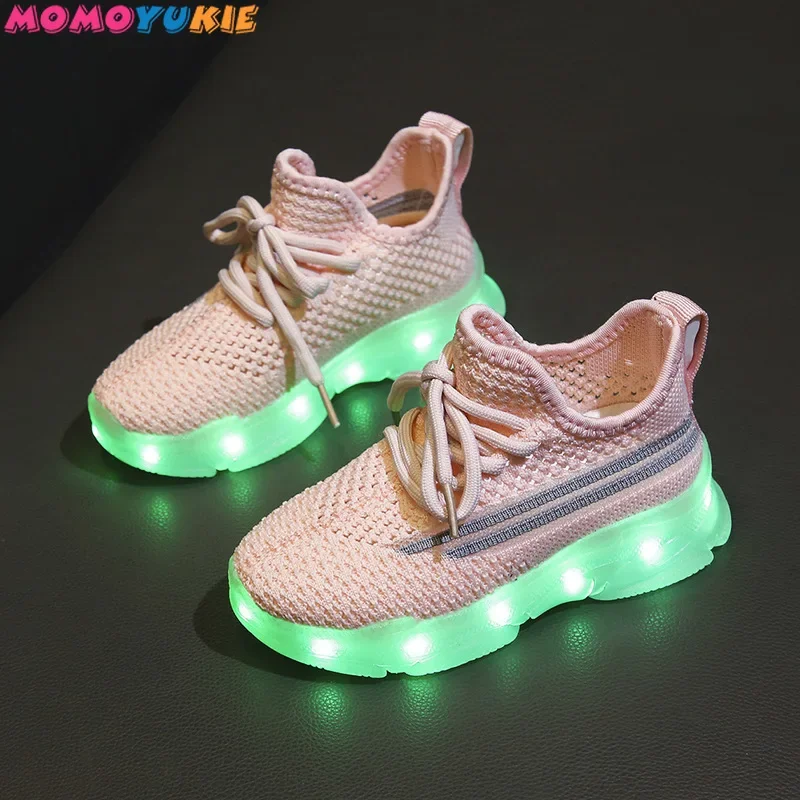 Children\'s LED Lights Breathable Girls Running Shoes Boys Soft Sole Luminous Sports Shoes Baby Sneaker Spring and Autumn New