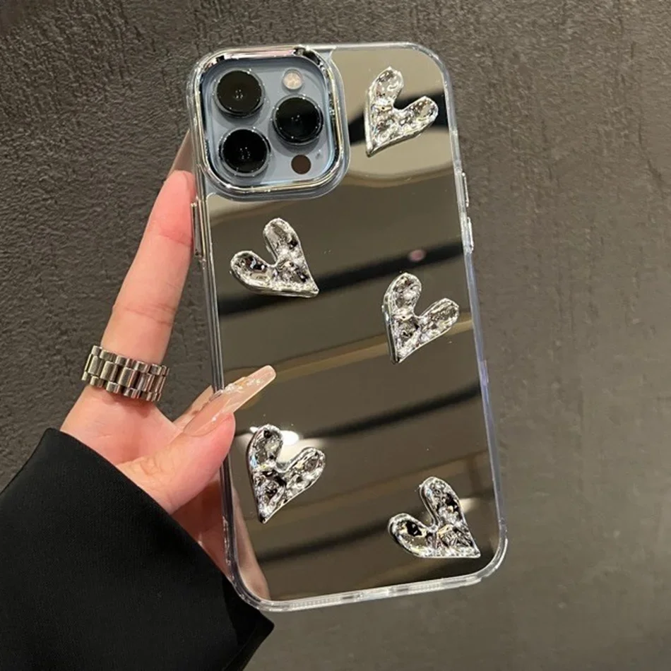 Shining Mirror 3D Heart Case for iPhone 11 12 13 14 15 Pro Max 7 8 Plus SE 2020 15Pro X XR XS MAX Hard Shockproof Phone Cover