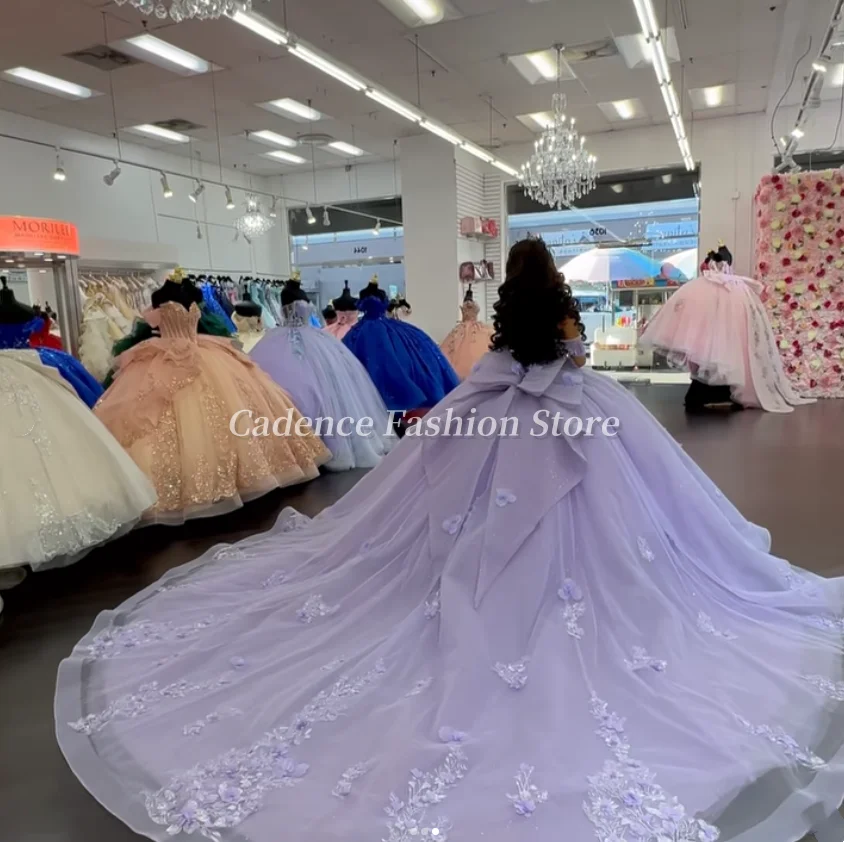 Великолепное сиреневое фиолетовое платье принцессы без бретелек с корсетом для выпускного вечера, платье Quinceanera, кружевное платье с аппликацией и бантом, платья для дня рождения