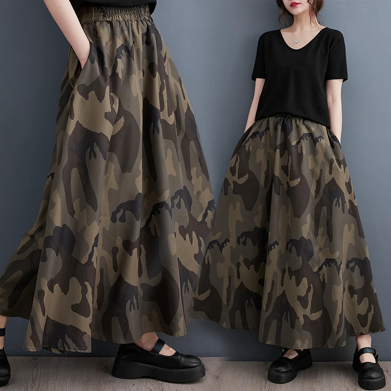 Elegant Camouflage Skirt Women's Casual Versatile Slimming Maxi Skirt Summer 2026 New Korean Style Commute Print Long Skirt