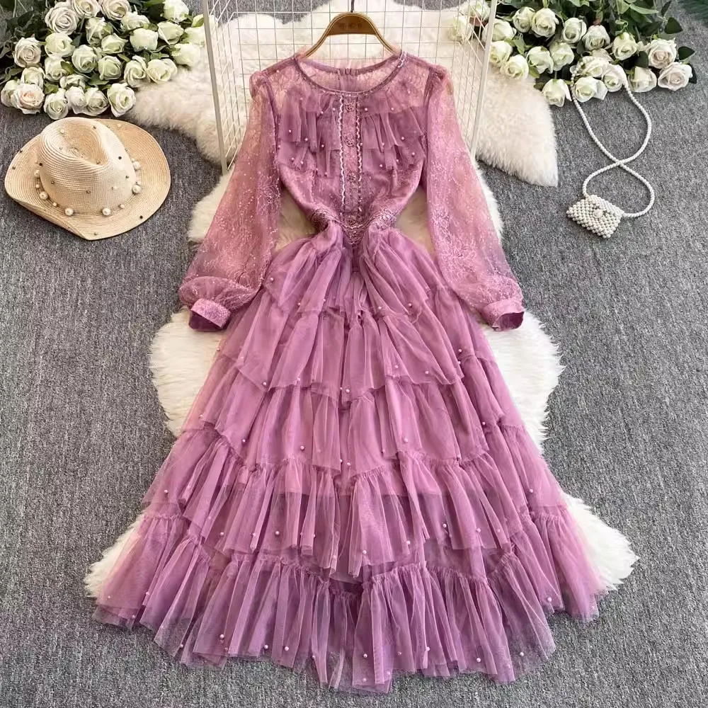 High Quality Spring Purple Layers Ruffles Cake Long Dress French Women Beaded Sequins Mesh Spliced Lace Puff Sleeve Midi Clothes