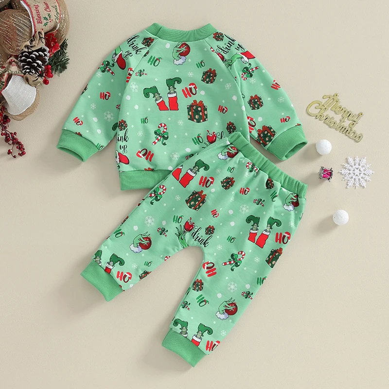 Infant Toddler Boy Christmas Outfits Long Sleeve Shirts Grinch Printing Sweatshirt Green Pants Set 2Pcs Outfits