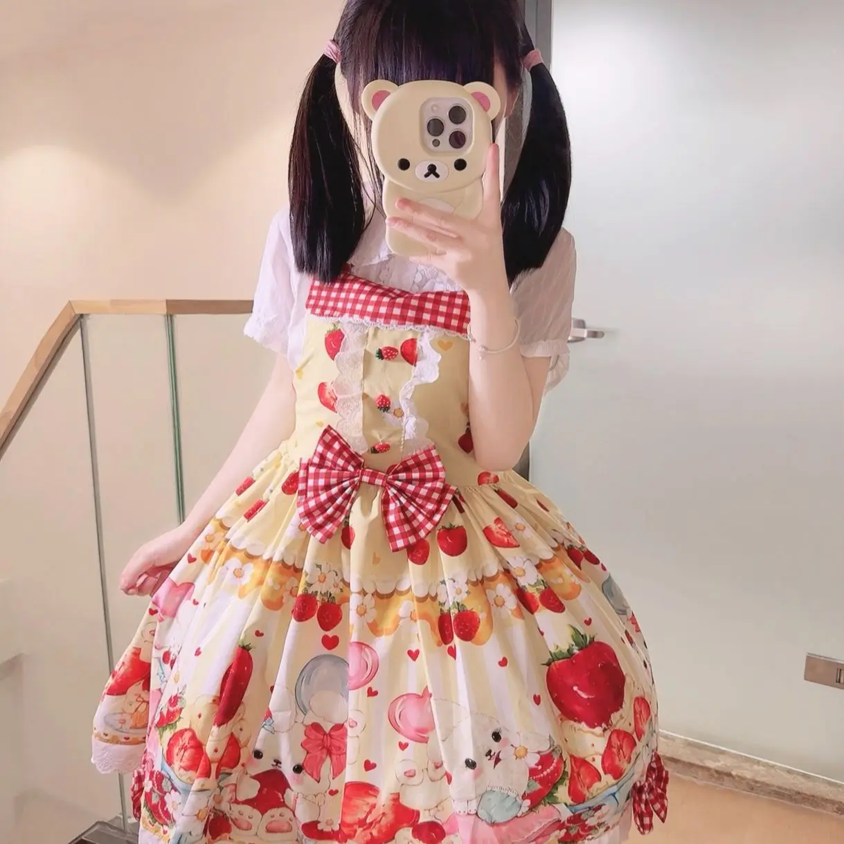 Coalfell【Bolo de Morango】 Saia de alça Lolita JSK original doce e fofa vestido estampado de coelho para mulheres verão