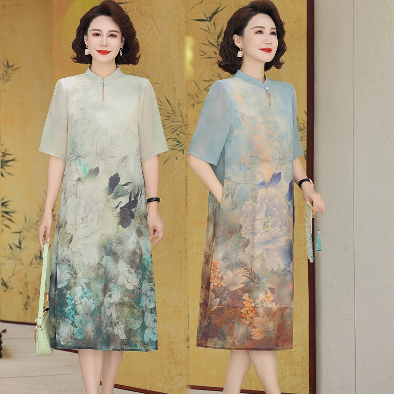 Robe longue élégante pour femmes, Style chinois, légère, à la mode, sensation haut de gamme, robe imprimée de fleurs