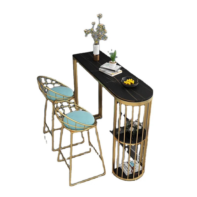 Luxury High Table Set with Iron Legs Marble Tabletop and Bar Stools Chairs Golden Metal Finish for Dining and Home Bars