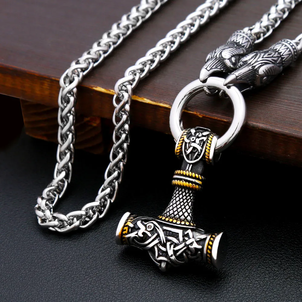 Vintage Viking Mjolnir Stainless Steel Pendant Necklace Thor Hammer Raven Head Clasp Unisex Amulet For Daily Wear Jewelry Gift