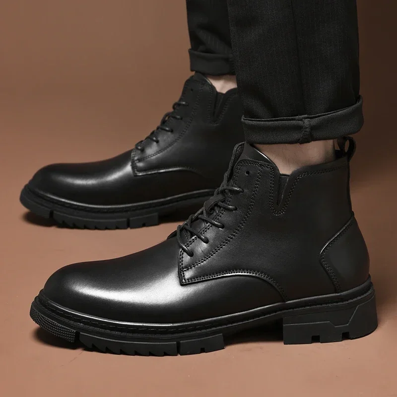 

Мужские ботинки на шнуровке, черные однотонные теплые ботинки с круглым носком, на плюшевой подкладке, на среднем каблуке, водонепроницаемая обувь, для зимы, 2023