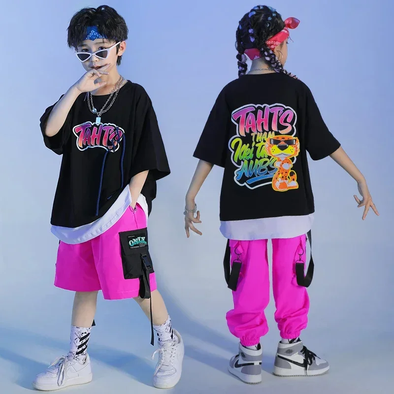 Kids Kpop Hip Hop Clothing Black Print Oversized T Shirt Top Streetwear Cargo Pants for Girl Boy Jazz Dance Costume Clothes