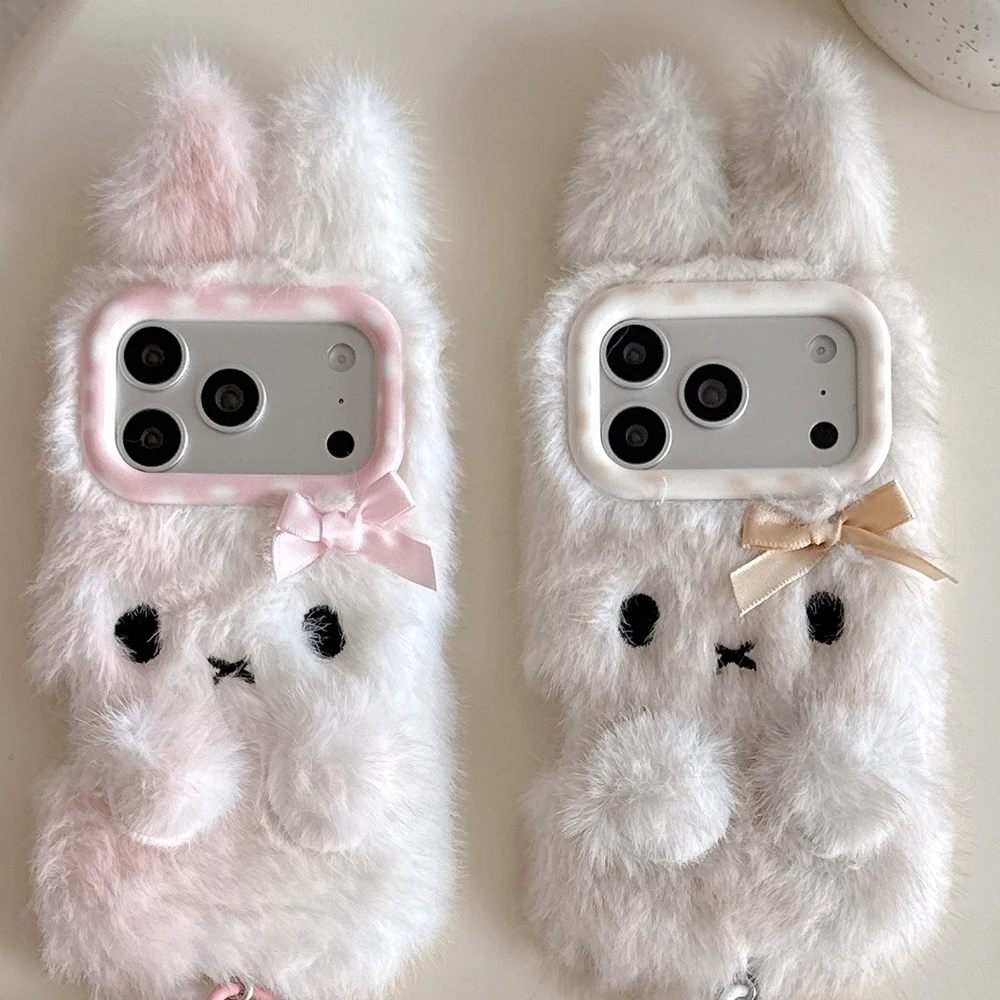 Kawaii Karotten-Angry-Erbsen-Plüsch-Schutzhülle für iPhone 13 14 15 16 Plus 17 Pro Max – Lustige 3D Winter-Warm-Kaninchenfell-Hülle – Detail 6