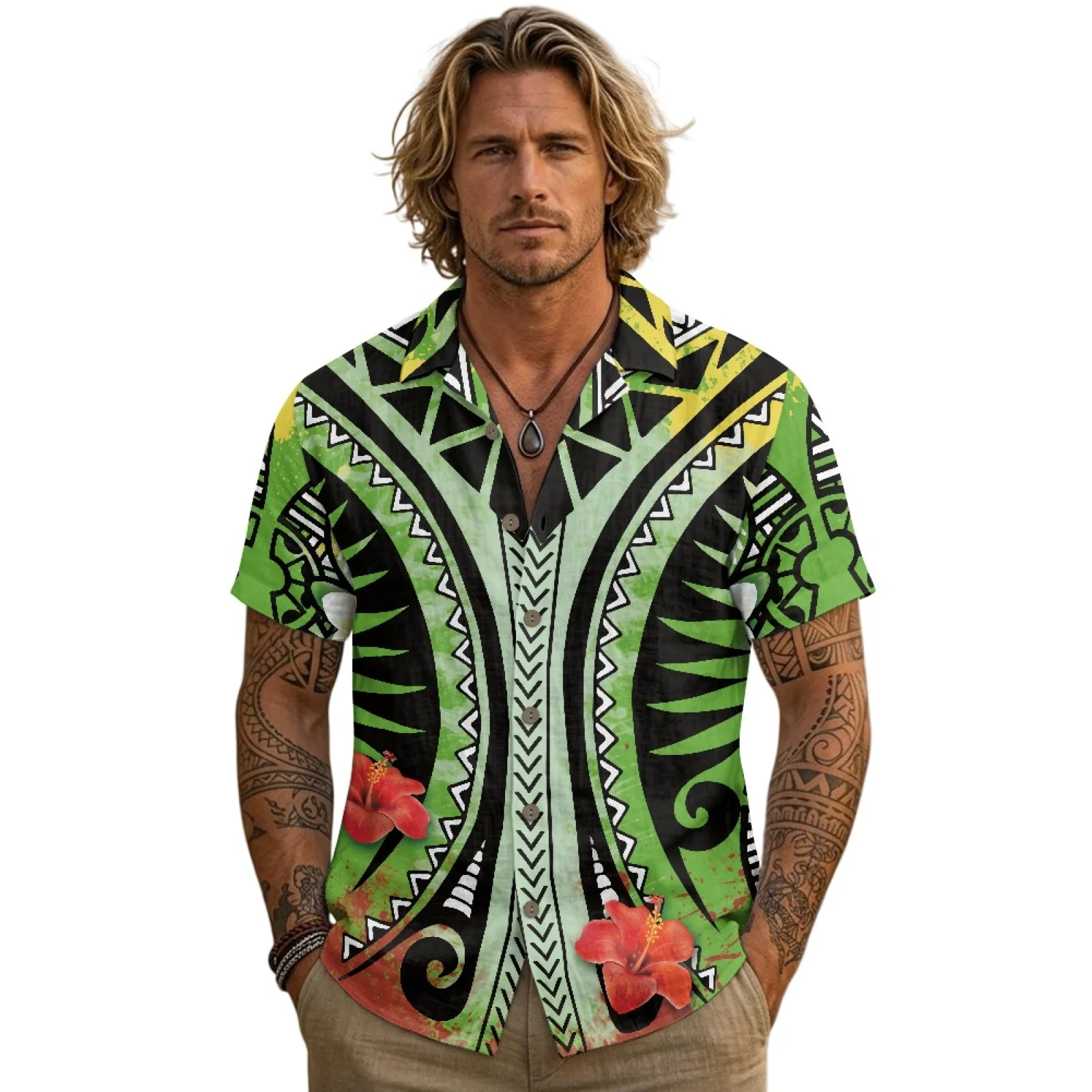 PENSTROLL Tribal Hibiscus Single Breasted Men's Short-Sleeved Shirts for Male Linen Style Classic Button Top Mens Hawaiian Shirt