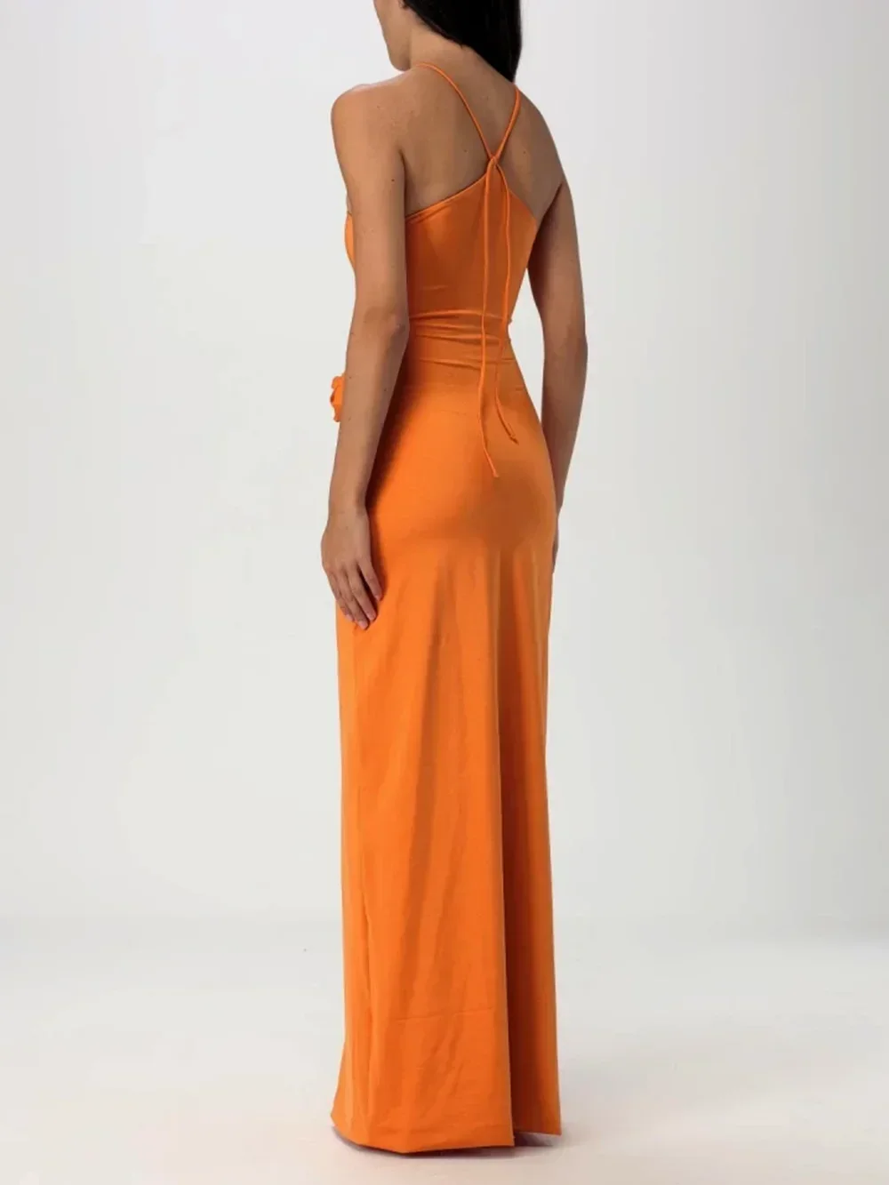 Sexy Spaghetti Strap Lace-up 3D Flower Long Dress Women Orange Halter Sleeveless Slim Maxi Dresses Vacation Party Gowns