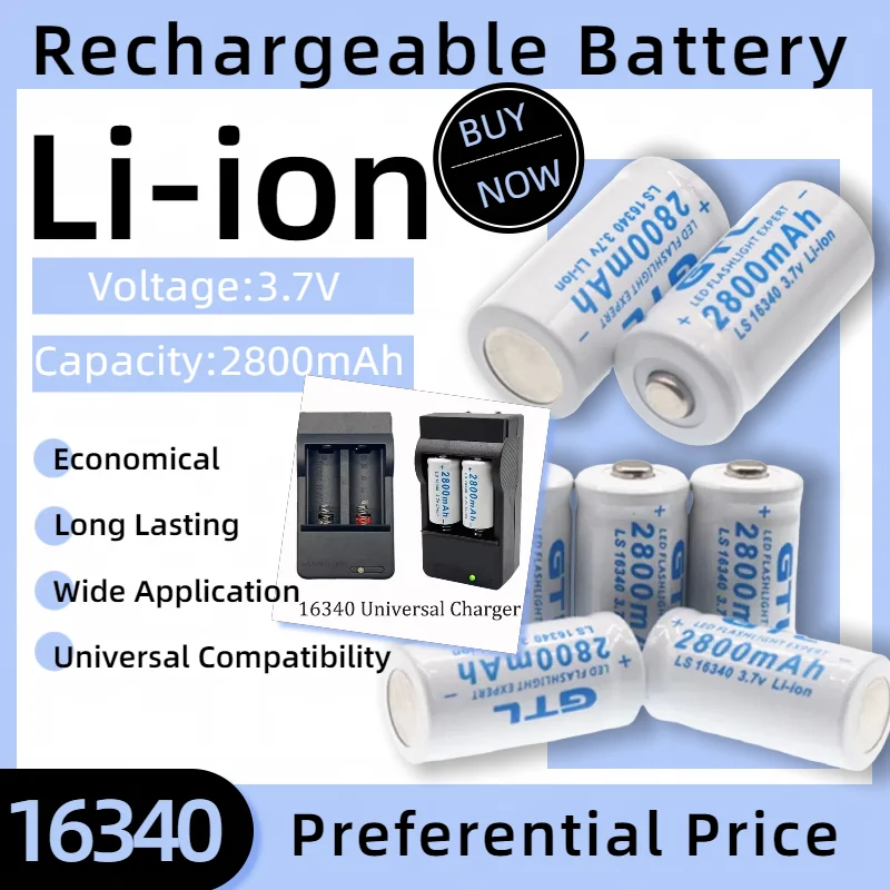 

CR123A Rechargeable Battery 16340 3.7V 2800mAh with USB Charger, High Capacity Lithium Battery for Flashlight/Toys